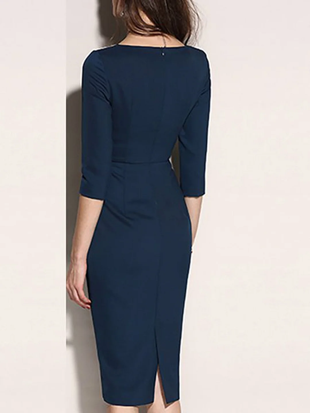 3/4 Sleeve Shift Slit Zipper Paneled Solid Midi Dress