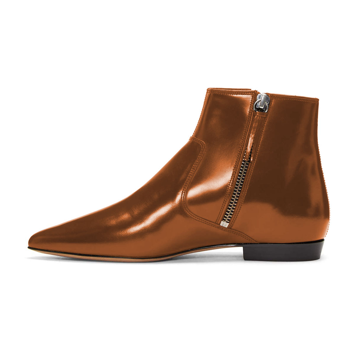 Brown Metallic Finish Pointed Toe Flat Ankle Boots with Double Zip Nicepairs