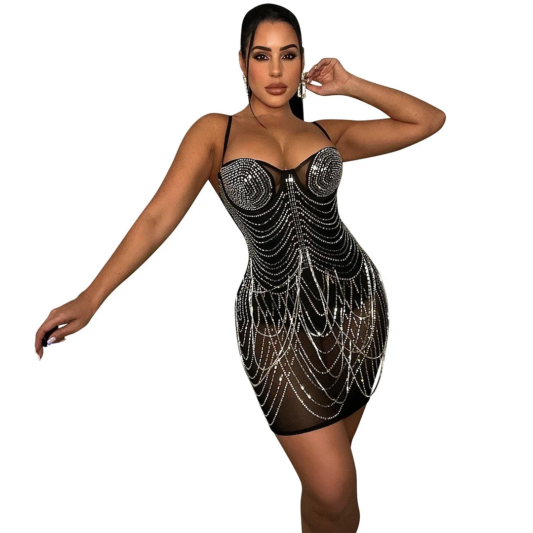 Summer New mesh perspective hot drill tassel dress Women spaghetti strips backless club party tight fitted Mini dress
