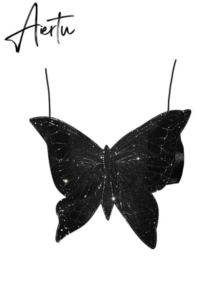 Aiertu Women's Camisole Butterfly Black Crop Top Vintage Y2k Gothic Fashion Tank Top Sexy Sleeveless Off Shoulder Cute Vest Summer Aiertu