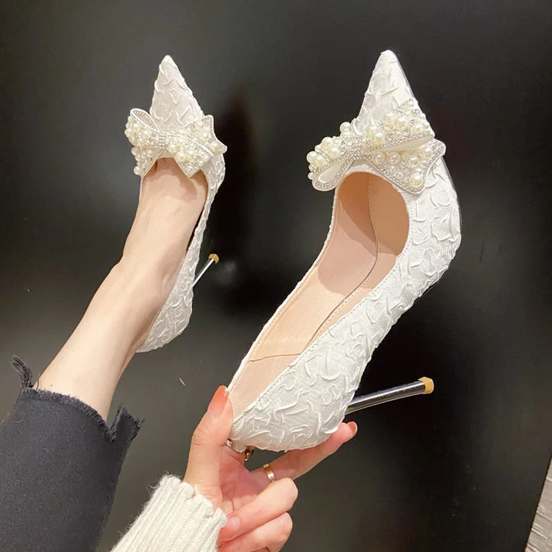 Sexy Stiletto Heels Wedding Pumps Women Designer Luxury Pearl Bowknot Thin High Heels Pointed Toe Party Dress Shoes Woman