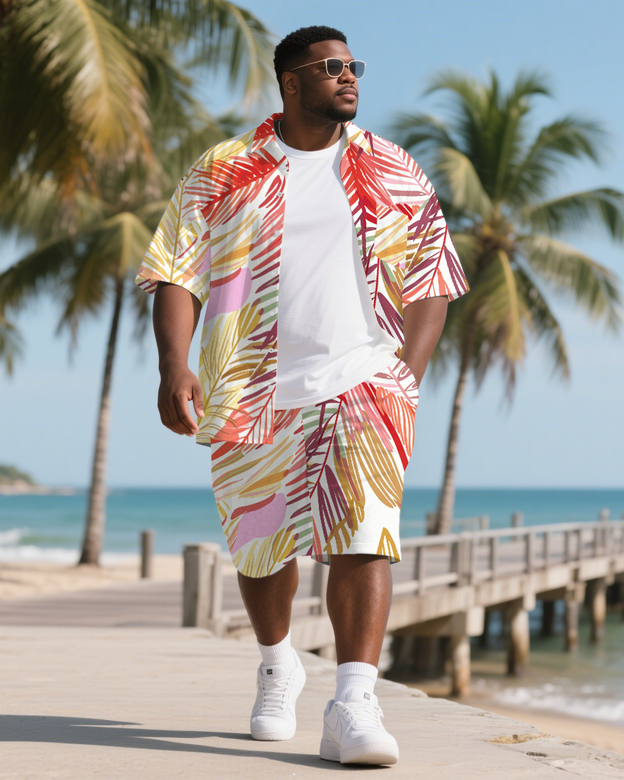 Big Men's Modern Fashion Palm Leaves Hawaiian Theme Short Sleeve Shirt Shorts 2-Piece Suit