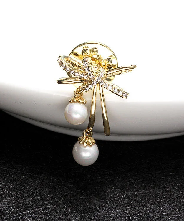 Elegant Gold Copper Overgild Zircon Pearl Butterfly Brooches