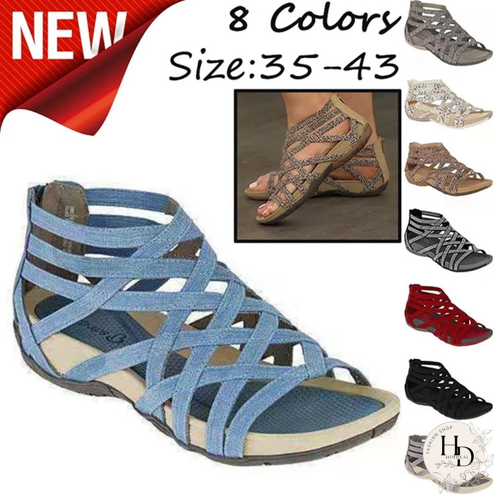 New Summer Women Shoes Leopard Round Toe Hollow Wedges Sandals Casual Closed Toe Flat Rome Sandals Zapatillas Mujer