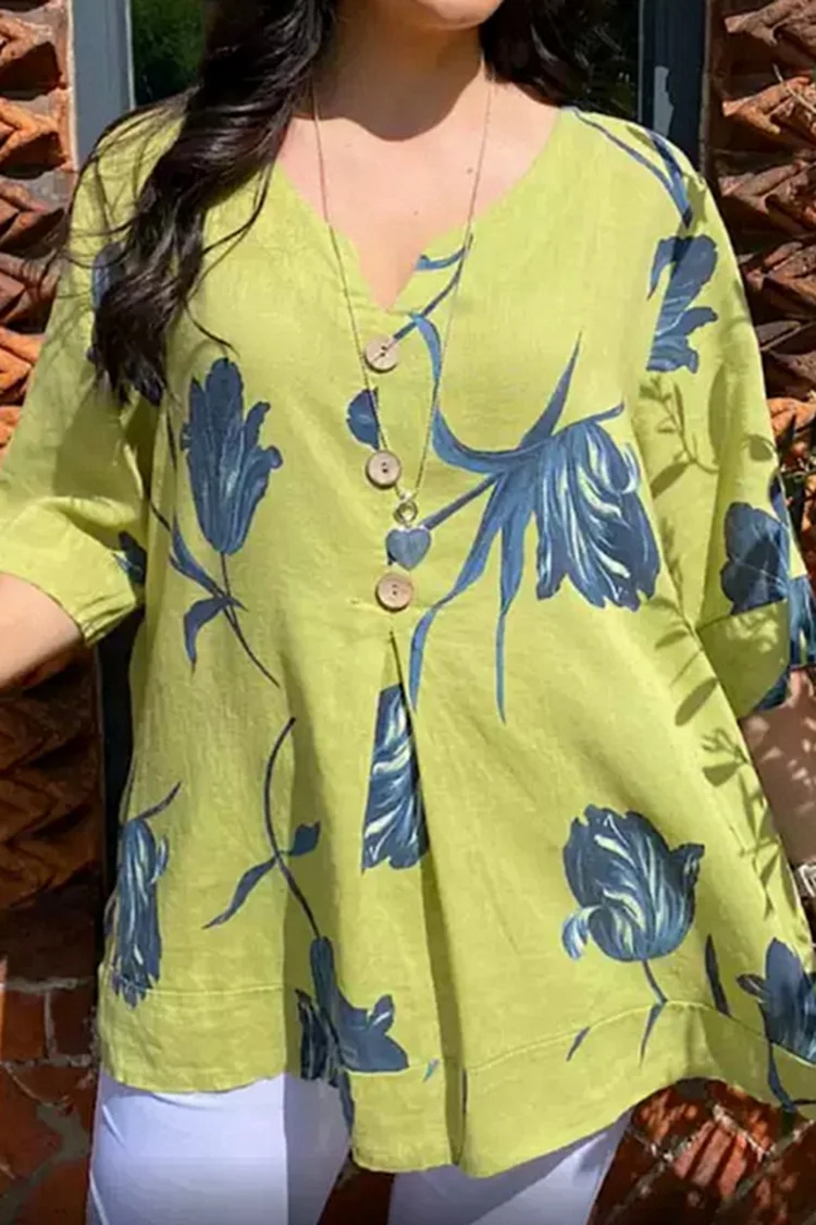 Half Sleeve V Neck Button Up Tulip Printed Linen Casual Top