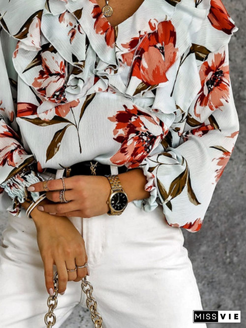 Casual Floral Autumn Polyester V neck Loose Long sleeve Regular Regular Tops for Women