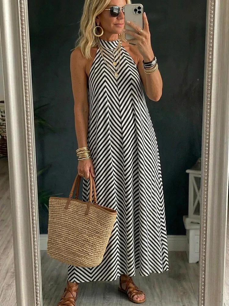 Women&rsquo;s Casual Sleeveless Striped Halter Maxi Dress
