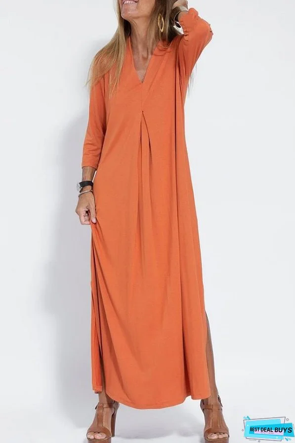 Solid Color V-neck Casual Slit Maxi Dress