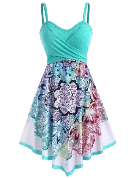 Women and Ladies Summer Spaghetti Straps Dress Bohemian Flower Crossover Empire Waist Dress - Shop Trendy Women's Fashion | TeeYours