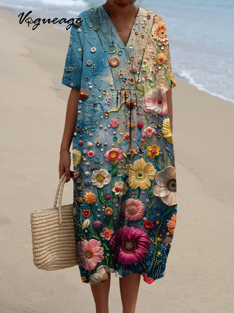 Beautiful Oil Painting Flowers Printed Women's Casual Cotton And Linen Dress