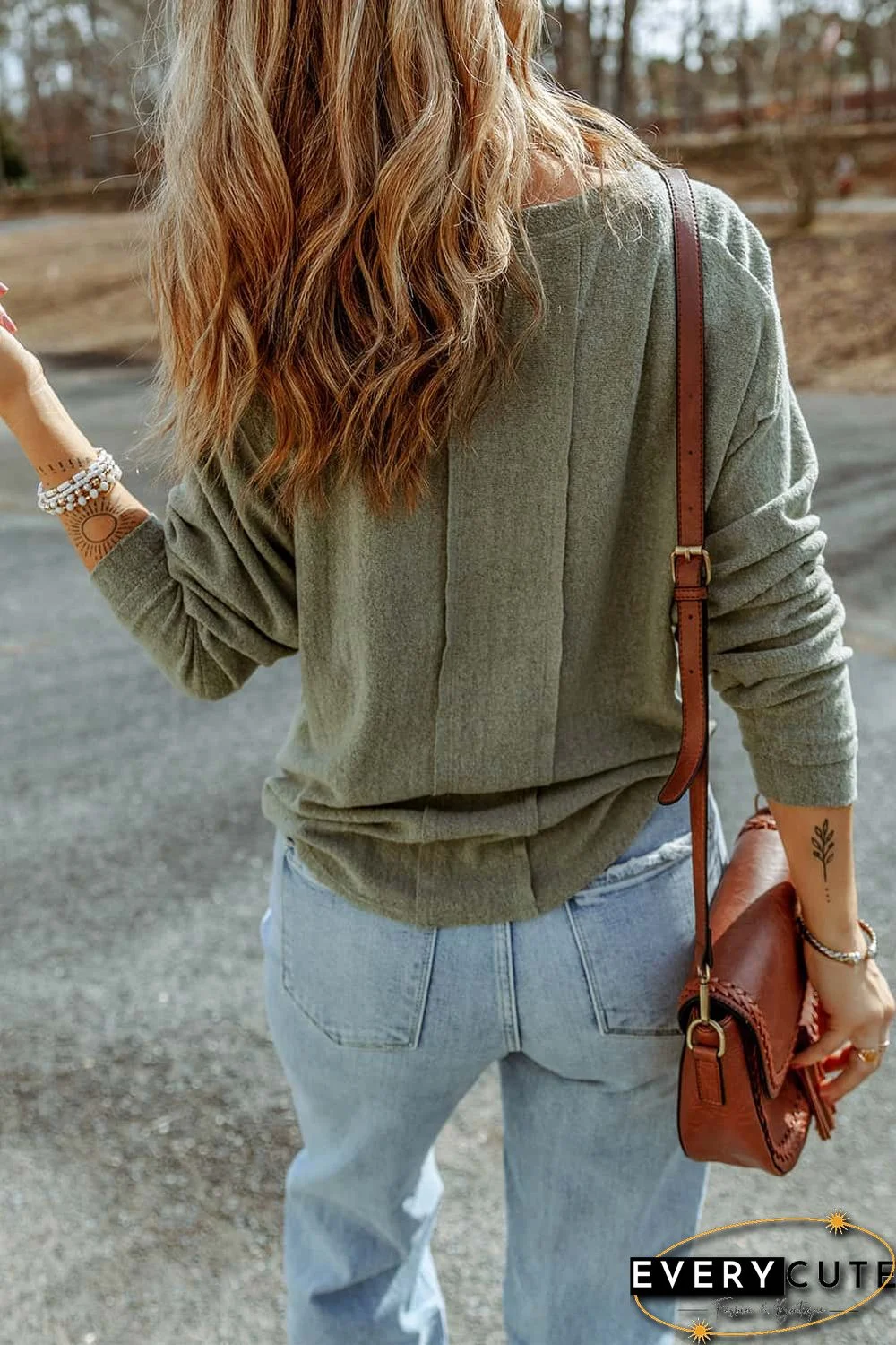 Green Button Split Neck Retro Patchwork Long Sleeve Top