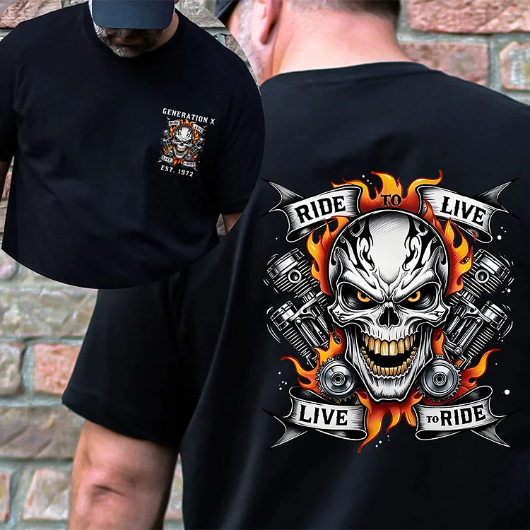 Ride to Live - Live to Ride, Generation X  T-Shirt, Hell Rider Flaming Skull Tee, Custom Year Of Birth T shirt, Cotton Tee
