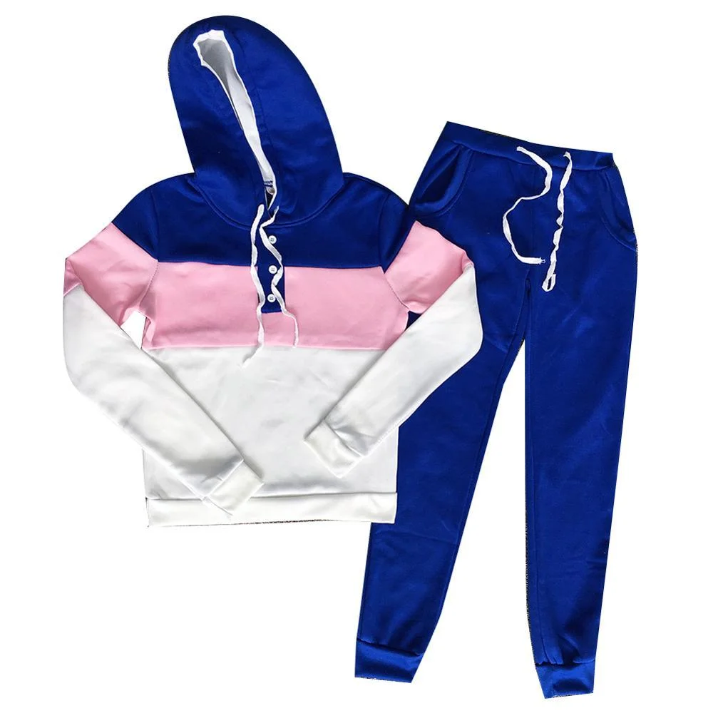 2Pcs Casual Women Sports Suit Color Block Buttons Hoodie Ankle Tie Long Pants Color block buttons hoodie convenient to wear