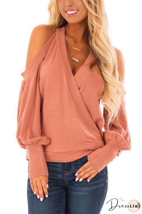 Meridress Wrap V Neck Cold Shoulder Lantern Sleeve Top