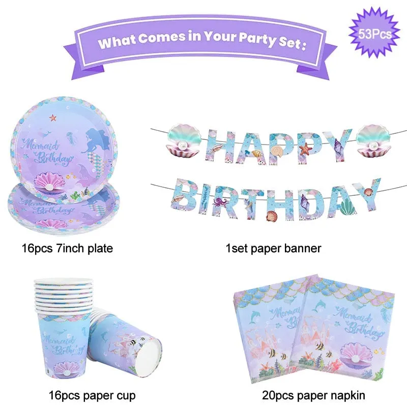 53pcs Mermaid Birthday Party Disposable Tableware Set Napkins Plates Cups Under the Sea Baby Shower Girl Mermaid Party Supplies
