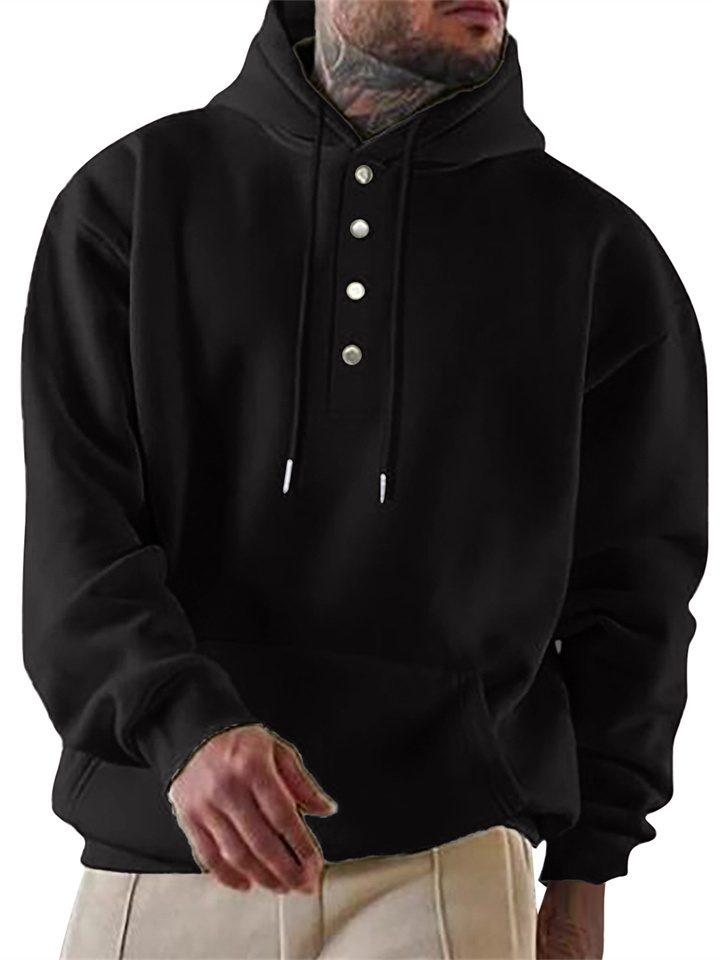 Men's Solid Color Hoodie Loose Casual Fleece Pocket Men's Pullover Hooded Snap Button Drawstring Insert Pocket Sweatshirt