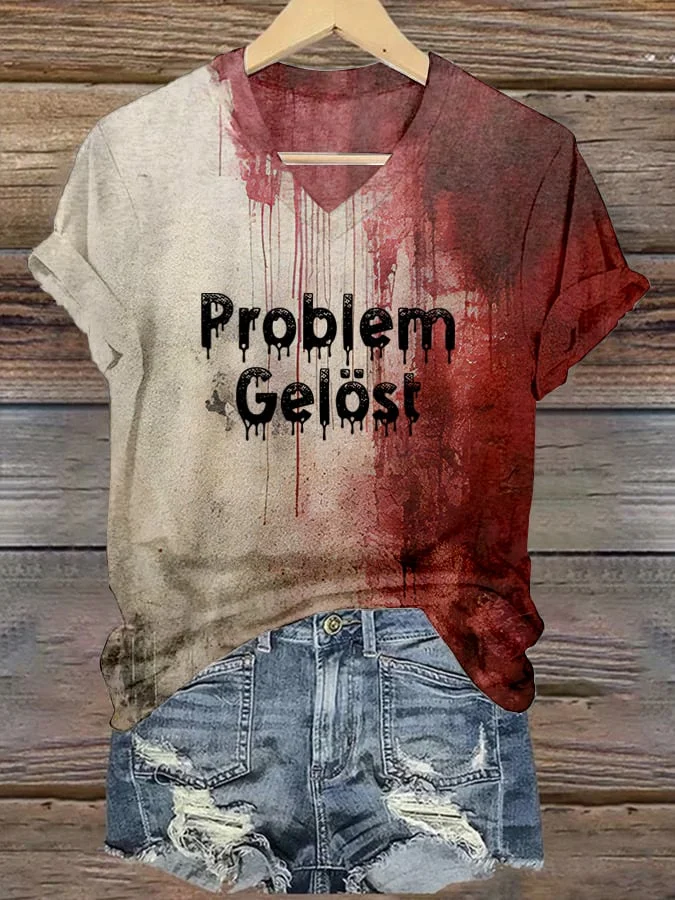 Women's Bloody Problem Solved Halloween Print V-Neck T-Shirt