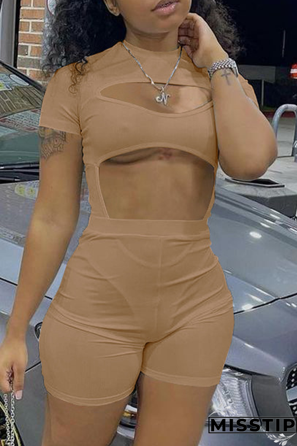 Khaki Sexy Solid Hollowed Out Half A Turtleneck Short Sleeve Two Pieces