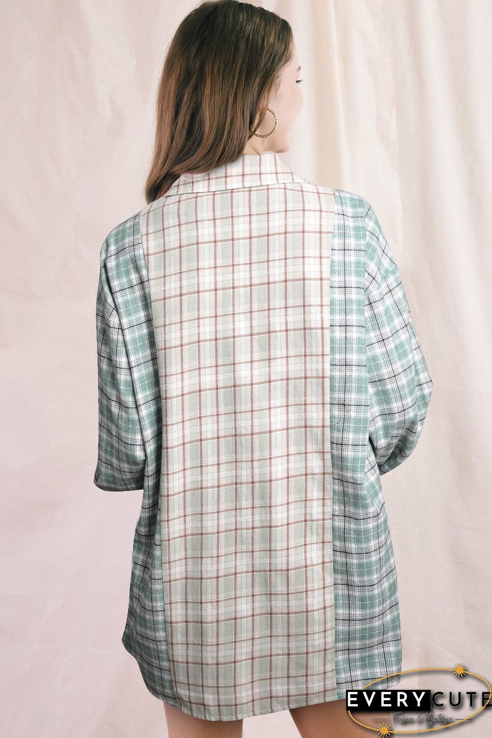 Green Plaid Color Block Pocket Button-up Long Sleeve Shirt