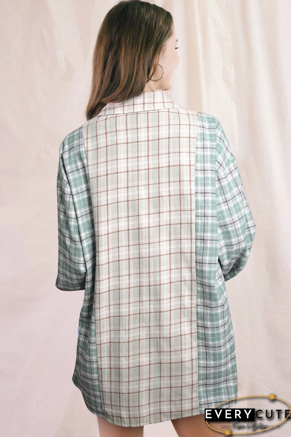 Green Plaid Color Block Pocket Button-up Long Sleeve Shirt