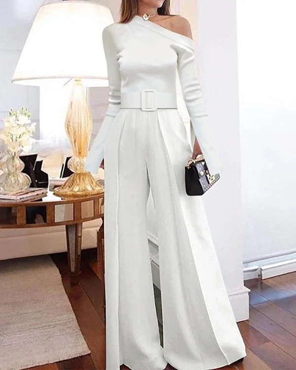 Classy Long Sleeve One Shoulder Jumpsuits With Belt
