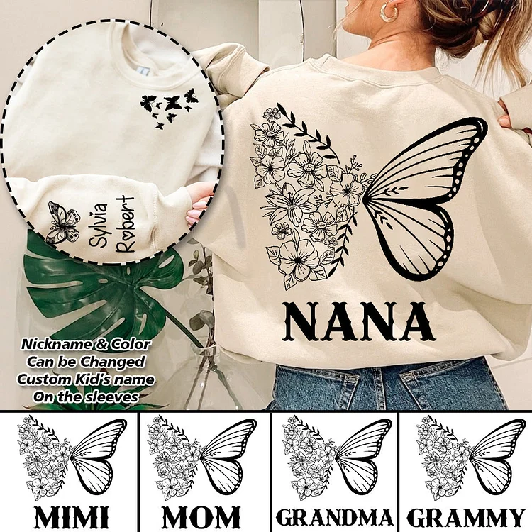 Personalized Grandma/Mom Butterfly Sweatshirt with Children's Name on Sleeve