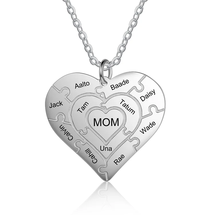 Personalized Heart Puzzle Necklace Engraved 11 Names Family Necklace