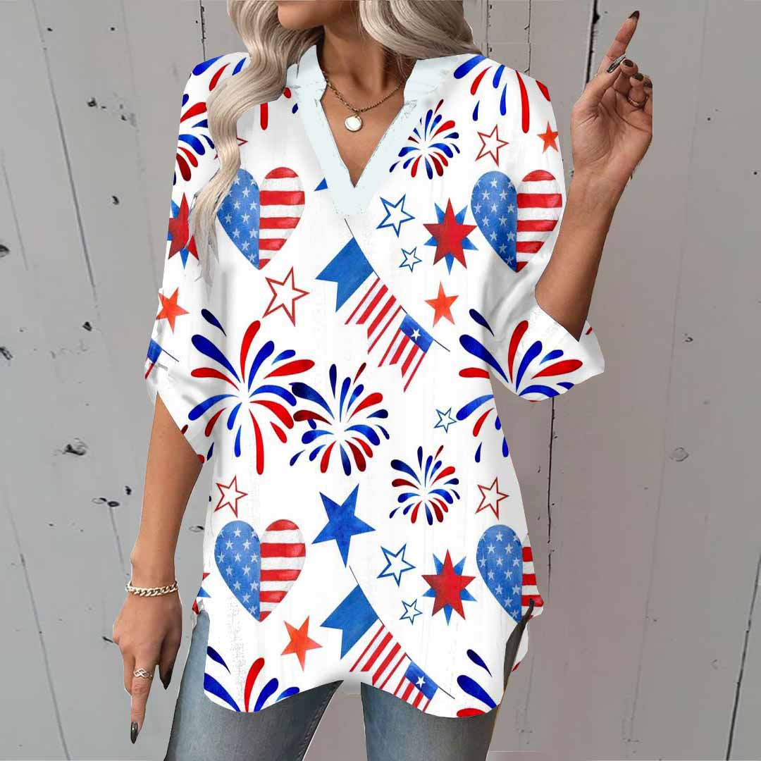 Women  Independence Day, Star, Striped, Blue, Red DZGA0222 3/4 Sleeve V-neck Printed Graphic Button Tops