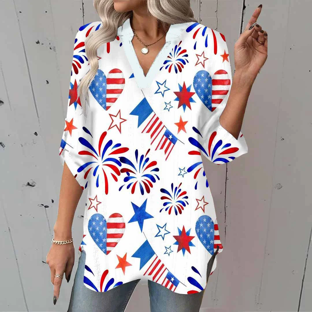 Women  Independence Day, Star, Striped, Blue, Red DZGA0222 3/4 Sleeve V-neck Printed Graphic Button Tops
