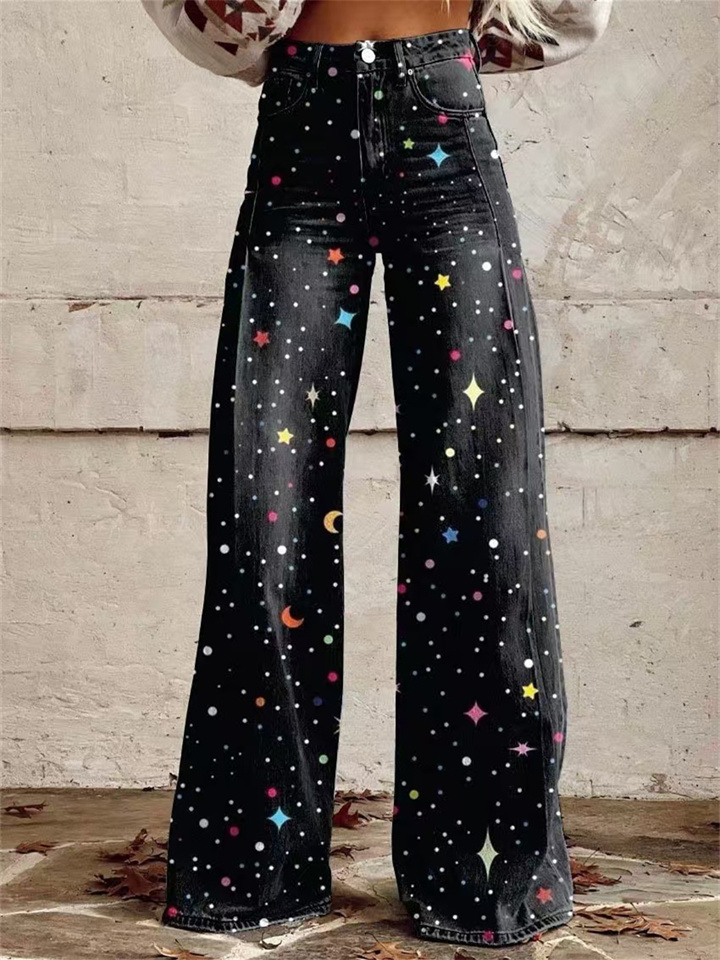 New Women's 3D Printed Flared Pants Simulated Wide Leg Jeans Denim Trousers