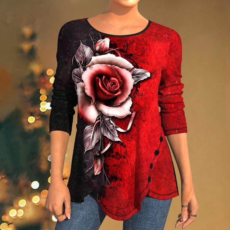 Elegant Retro Rose Long-sleeved  Print Blouse