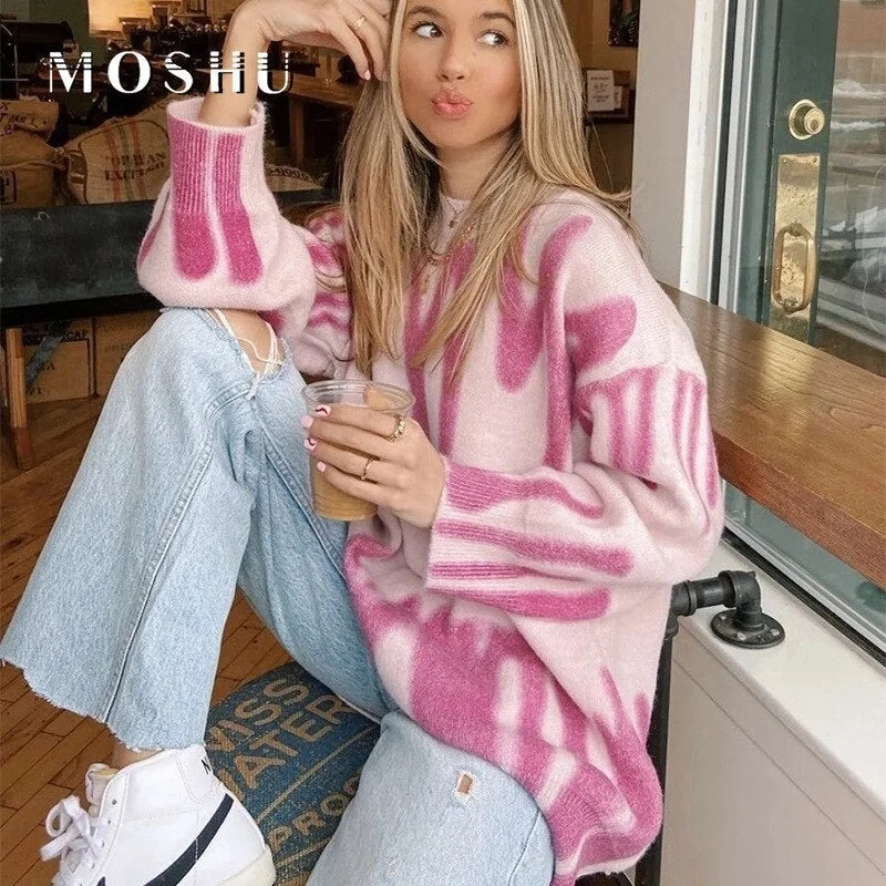 Vintage Knitted Sweater Women Oversized Pullovers Striped Pinted Jumper Women Winter Loose Long Sweaters Streetwear Outerwear 1229-1