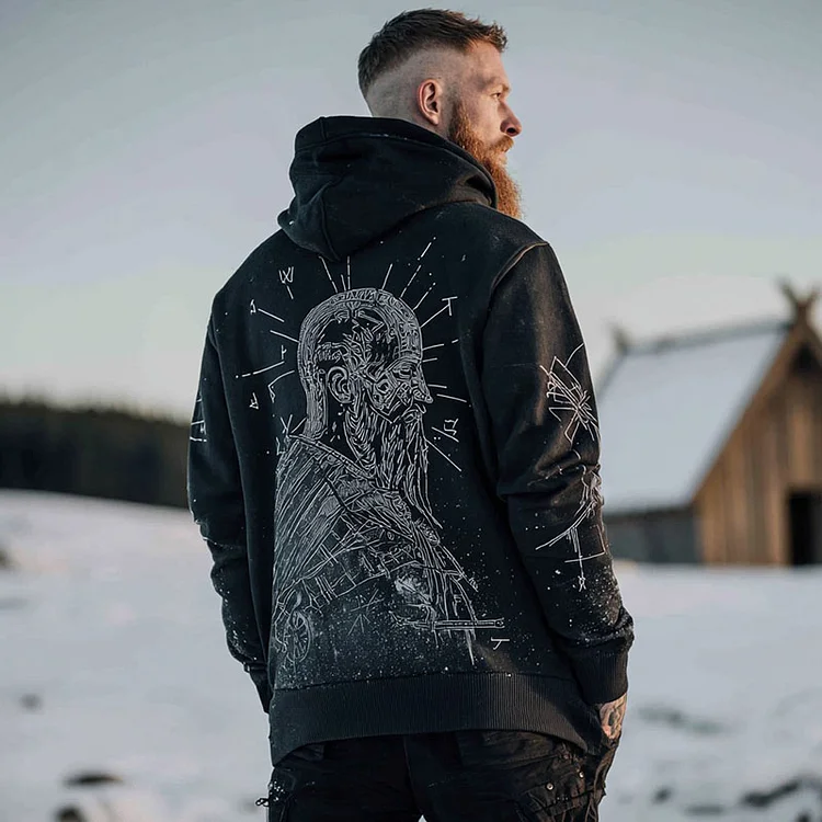 Men's Retro Viking Warrior Pencil Drawing Art Pattern Casual Hoodie