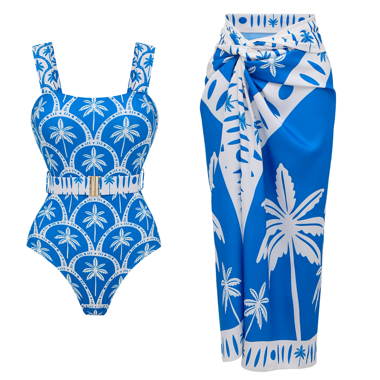 Coconut Tree Geometry Print Swimsuit and Sarong