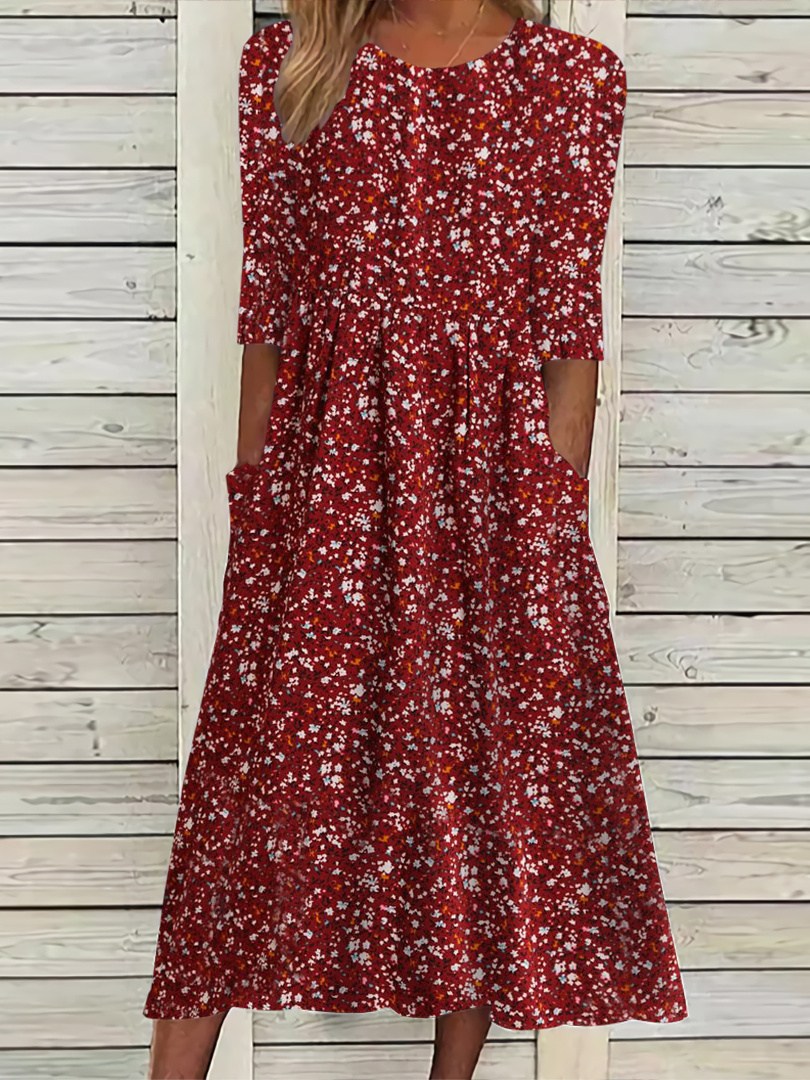 Women Half Sleeve V-neck Solid Color Dress