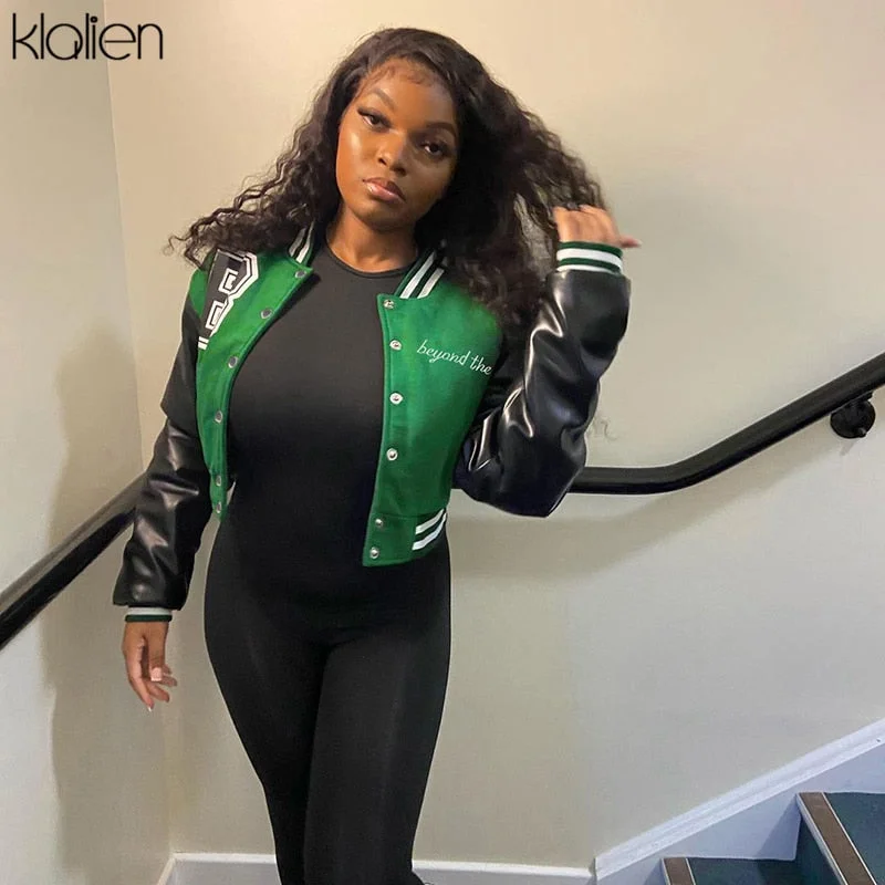 KLALIEN Fashion Casual Streetwear Women Long Sleeve Single Breasted PU Leather Patchwork Coat Sportswear Slim Female Outerwear