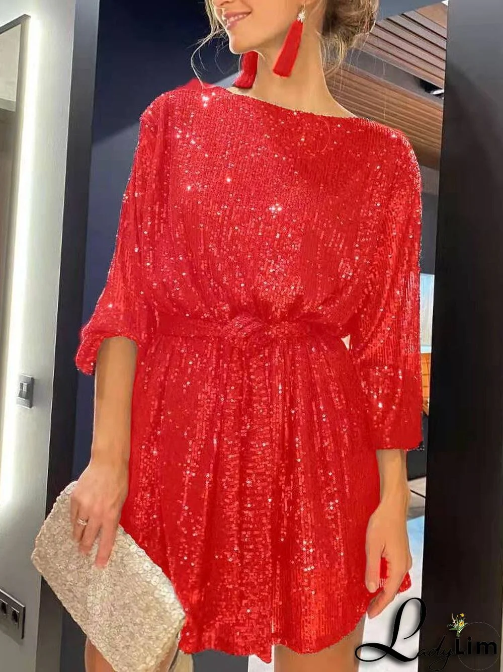Women Casual Solid Lace-Up Sequin Embroidery Dress