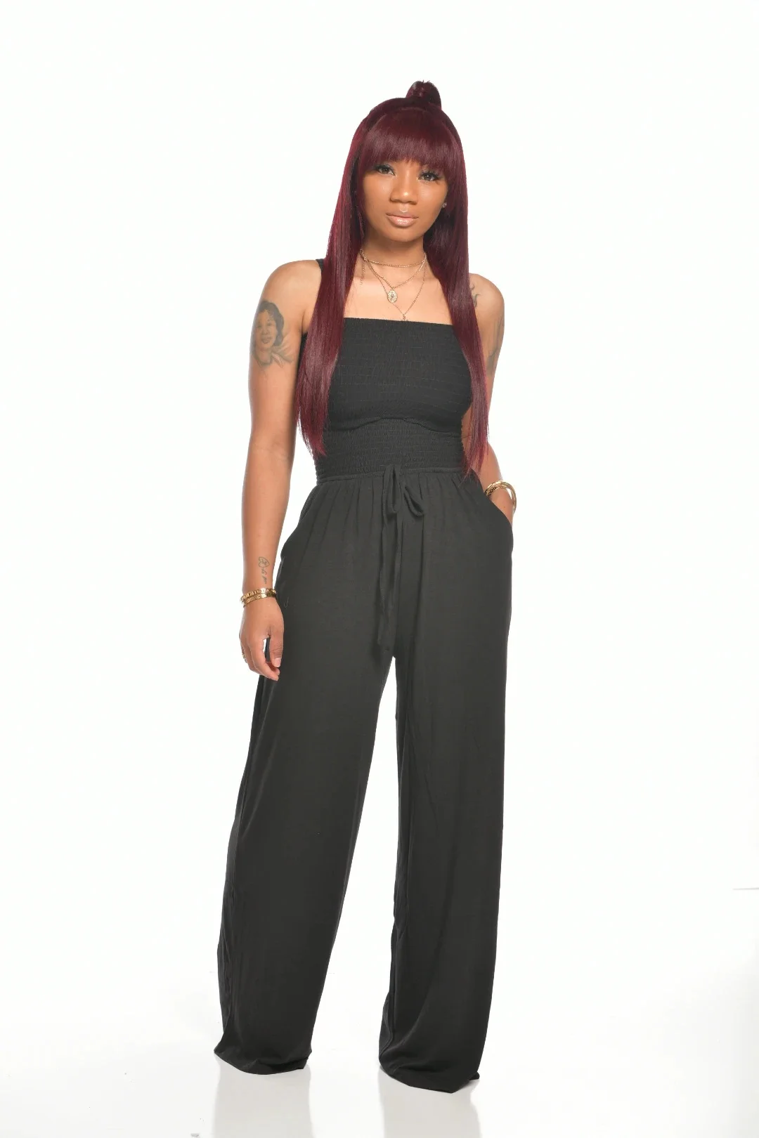 Toloer Toloer New Women's Casual Flat Shoulder Wrapped Chest Wide-Leg Jumpsuit-Outfit Ideas