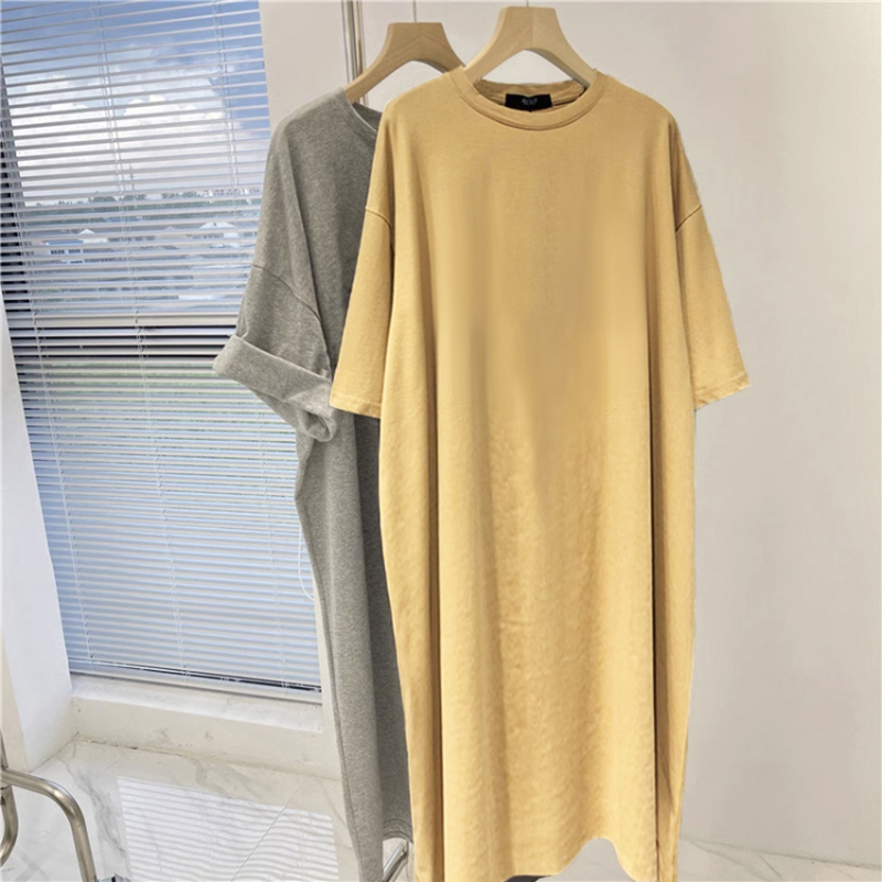 Kerwet plus Size Women's Cotton T-irt Dr Summer Clothes ort Sve Knee-Length Dr Slimming Long Skirt Korean Sle round Ne