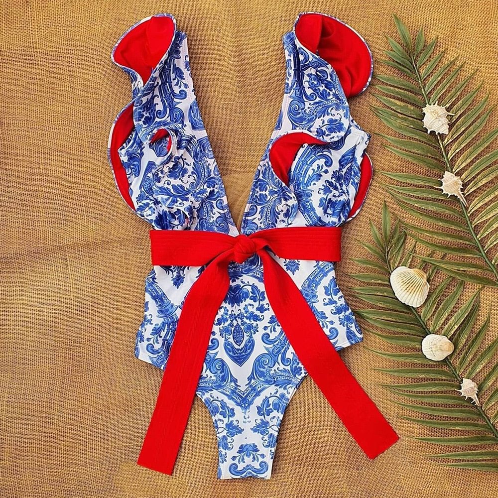 2020 New Sexy Ruffle Print Floral One Piece Strappy Slimming Swimwear Women  Swimsuit Deep-V Bathing Suit Beach Wear Monkini