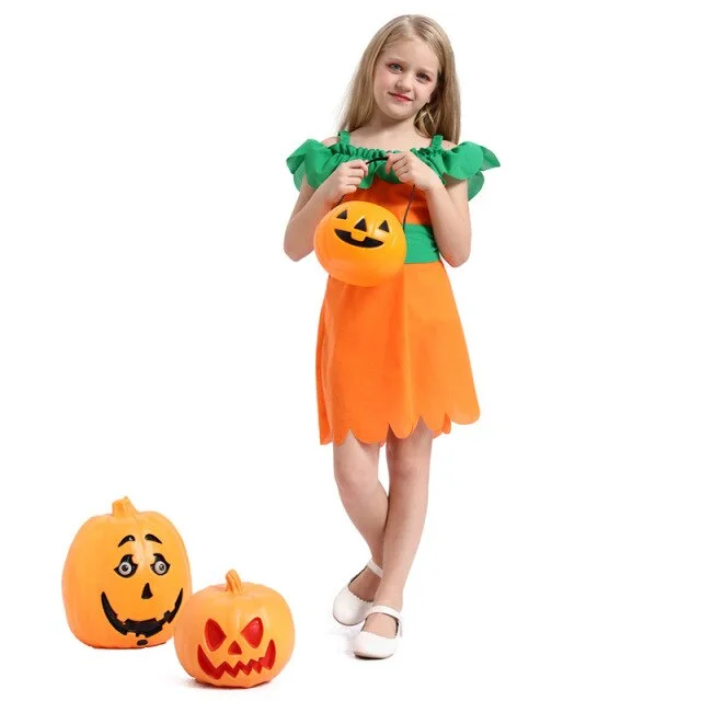 Girls Pumpkin Dress Halloween Party Costume-elleschic