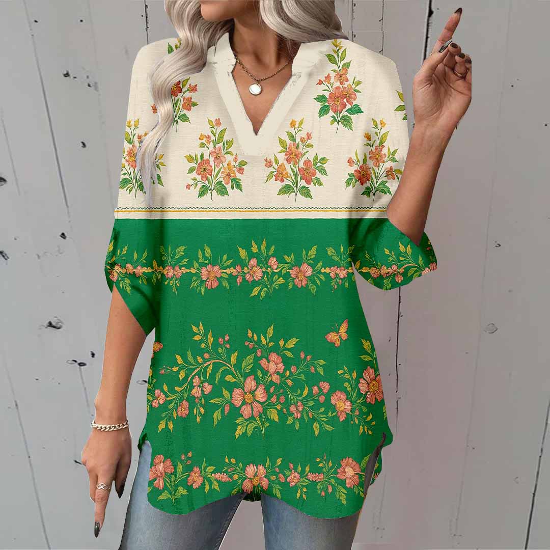 Women Leaves, Green, Red DZGA0171 3/4 Sleeve V-neck Printed Graphic Button Tops