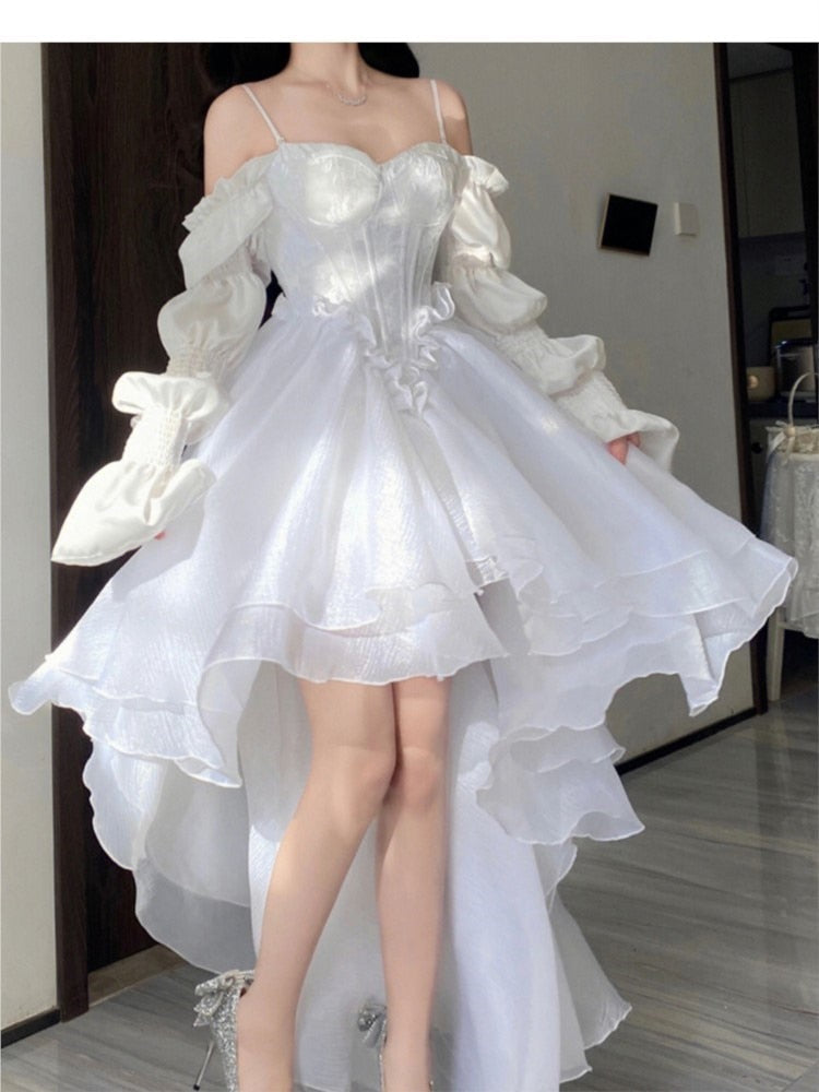 Abebey Graduation Gift Back to School Season Summer Dress Spring Outfit  Spring Elegant White Off Shoulder Fairy Dress  Princess Puff Dress Mesh Puff  Dress