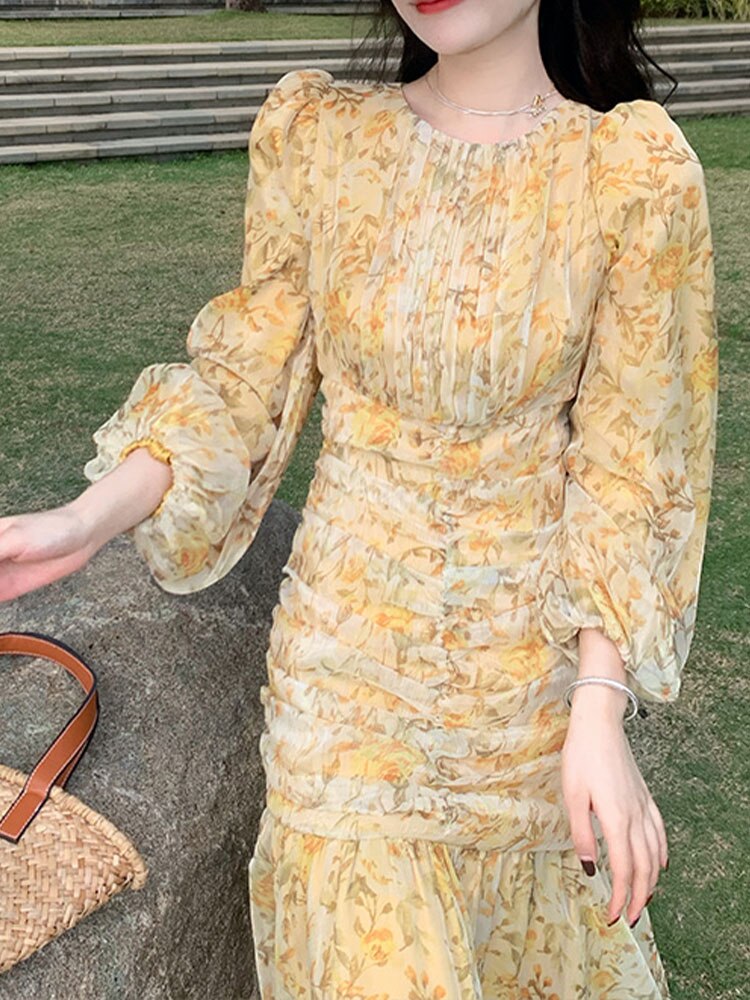 Llyge Floral Dress for Women Long Sleeve French Style Fashion Dresses Vintage A Llne O Neck Midi 2024 New Spring Summer Dress llyge