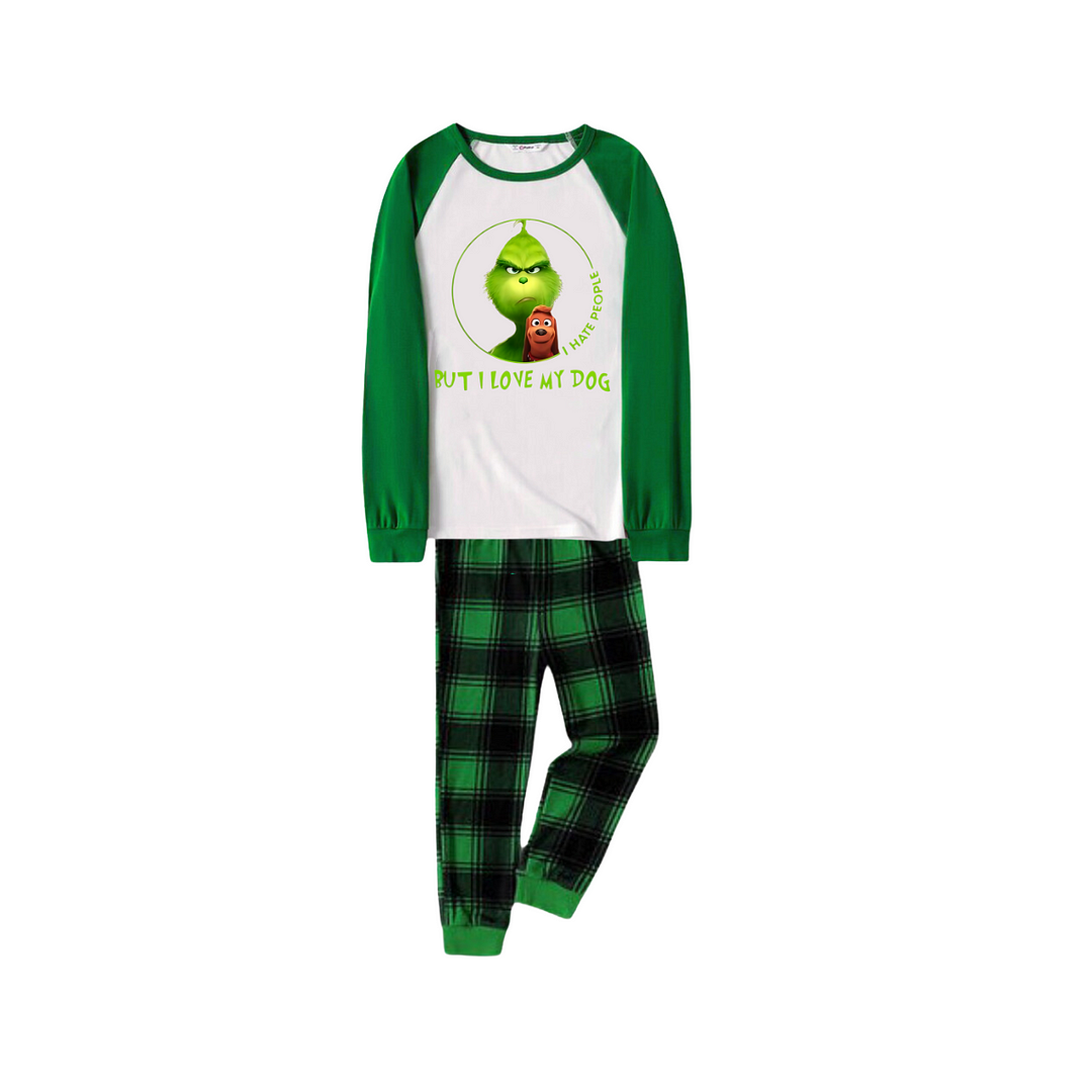 Cartoon Pattern and "I Hate People, But I Love My Dog" Printed Green Plaid Long Sleeve Christmas Family Pajamas