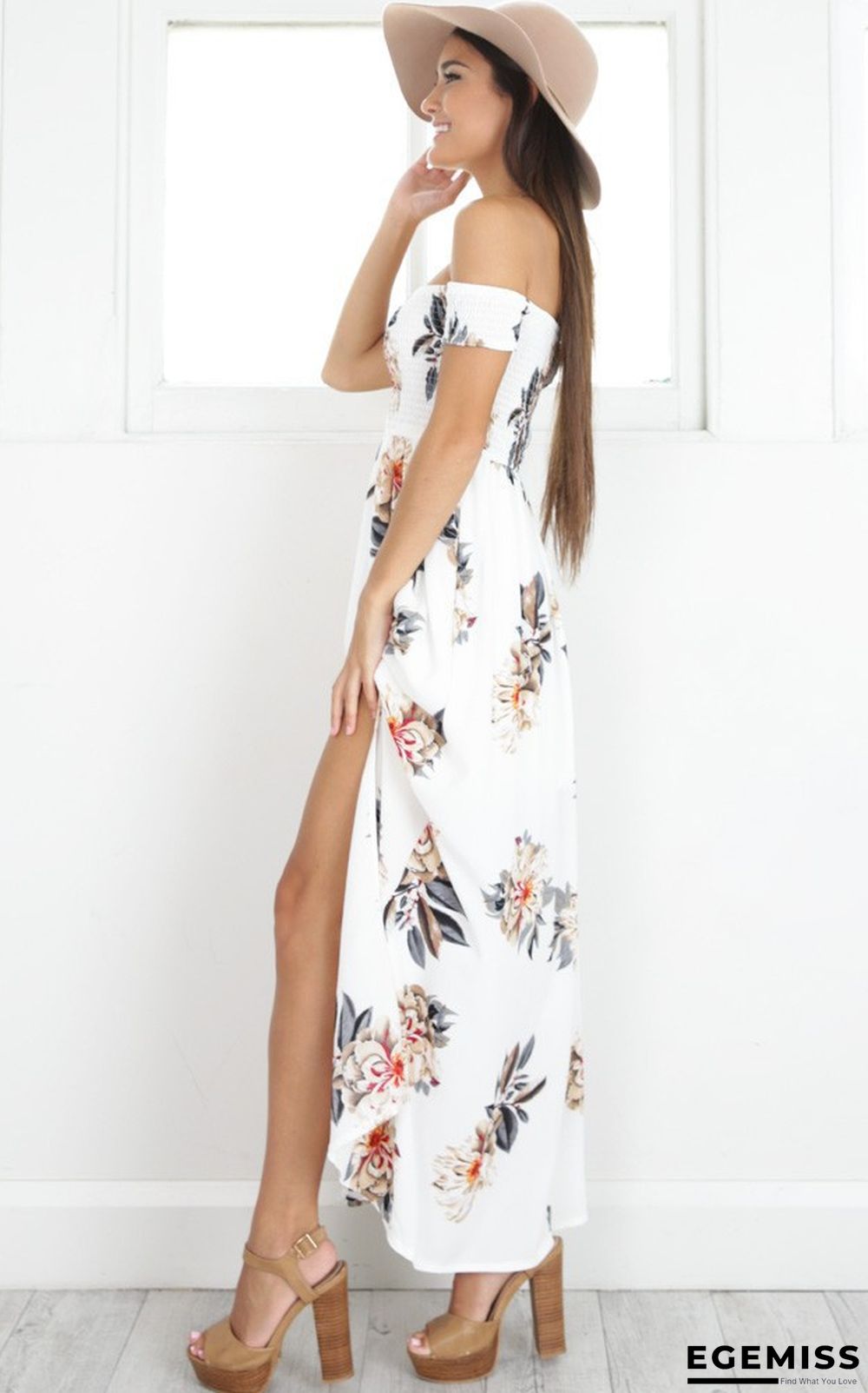Chest-wrapped Flower Printed Beach Gown White Dresses | EGEMISS