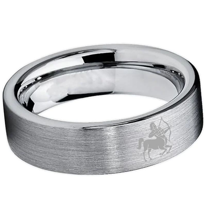 Sliver Tungsten Carbide Rings Flat Sagittarius Wedding Band Flat Top Comfort Fit 4MM 6MM 8MM