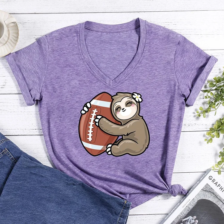 Sloth Girls Hugging Americans football V-neck T Shirt-Annaletters