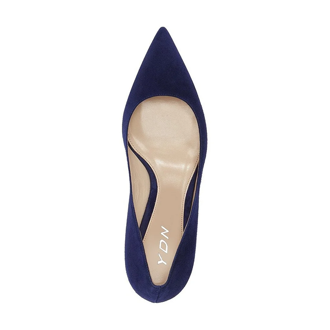 Women's Dark Blue Faux Suede Pointed Classy Pumps with Kitten Heels