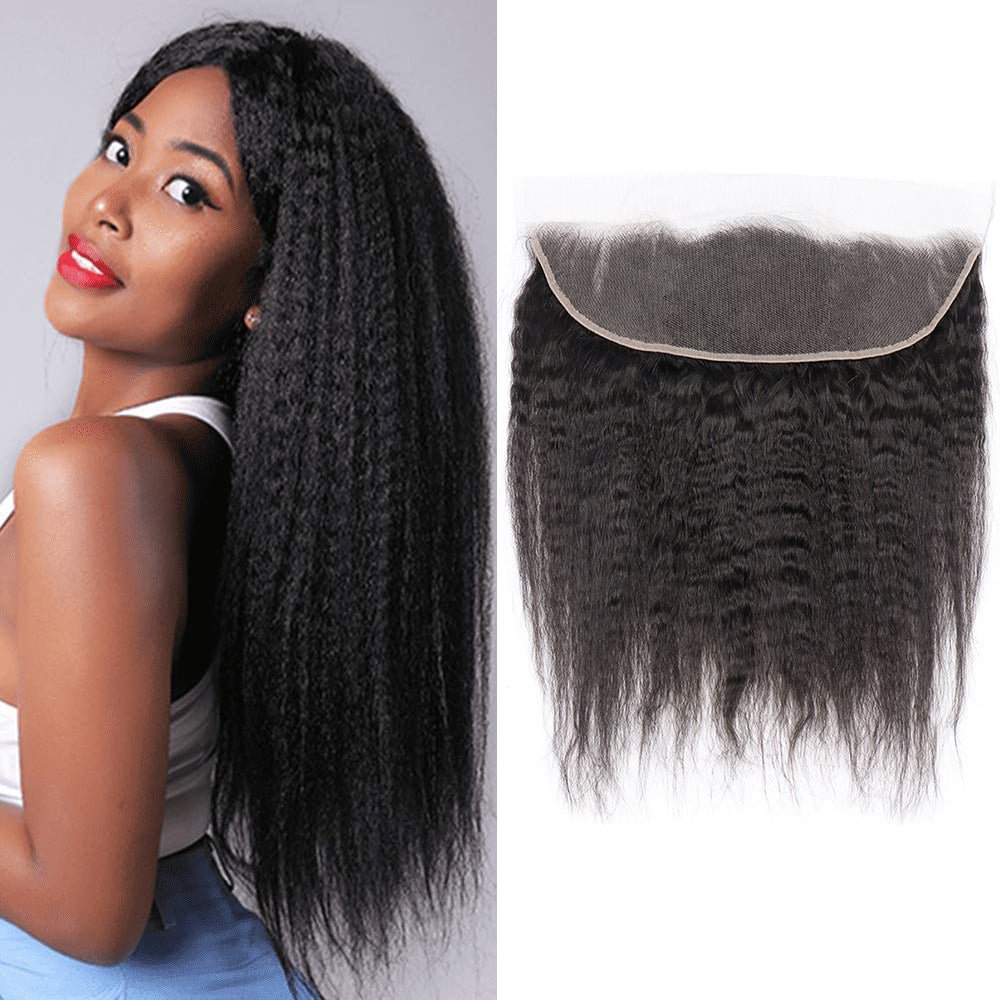 Kinky Straight 13x4 Lace Frontal Free Part Yaki Straight Top Lace Front Closures With Baby Hair Natural Black Color Zaesvini